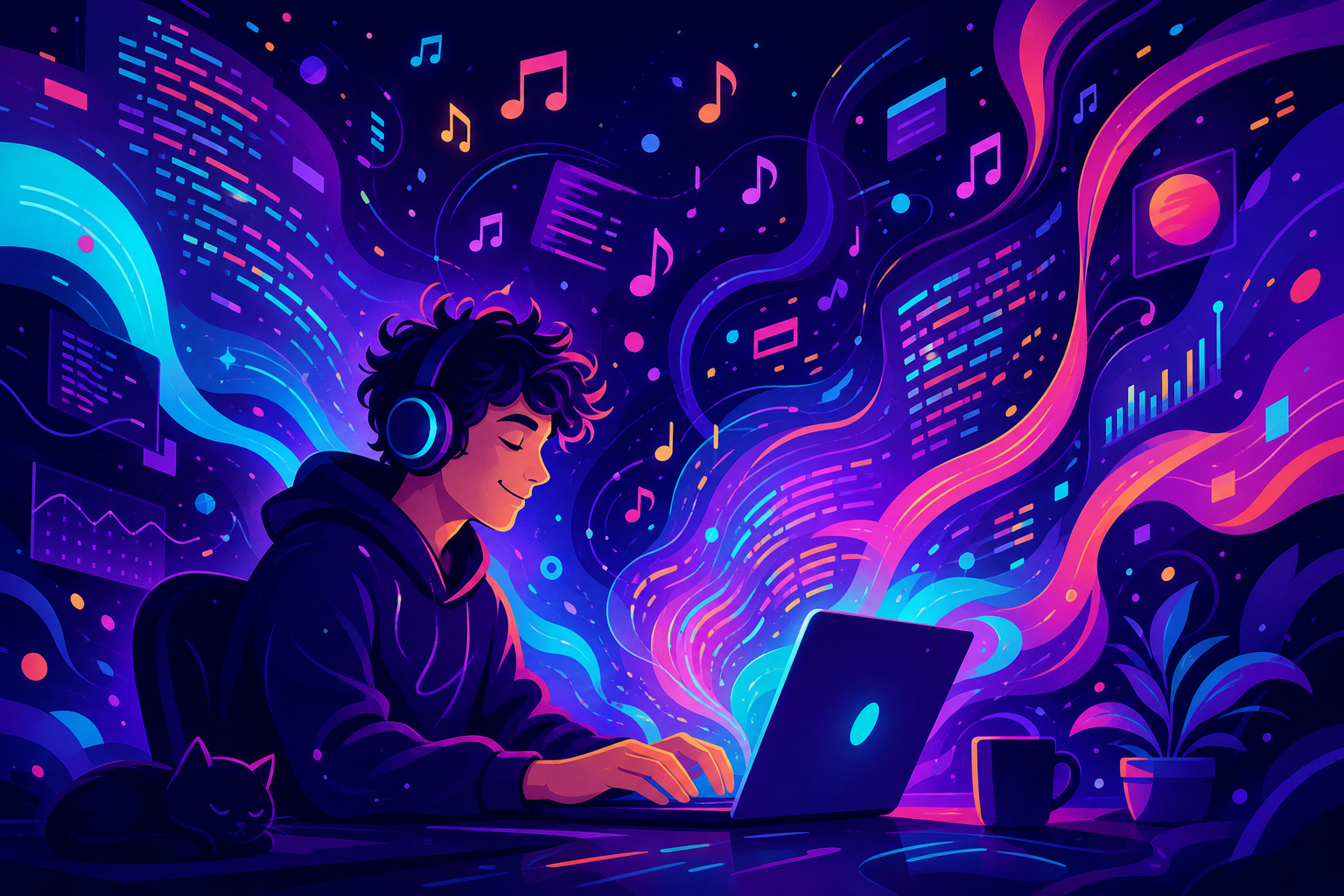 Abstrakte Illustration: Entwickler am Laptop, umgeben von fließenden Code-Wellen und kreativer Energie